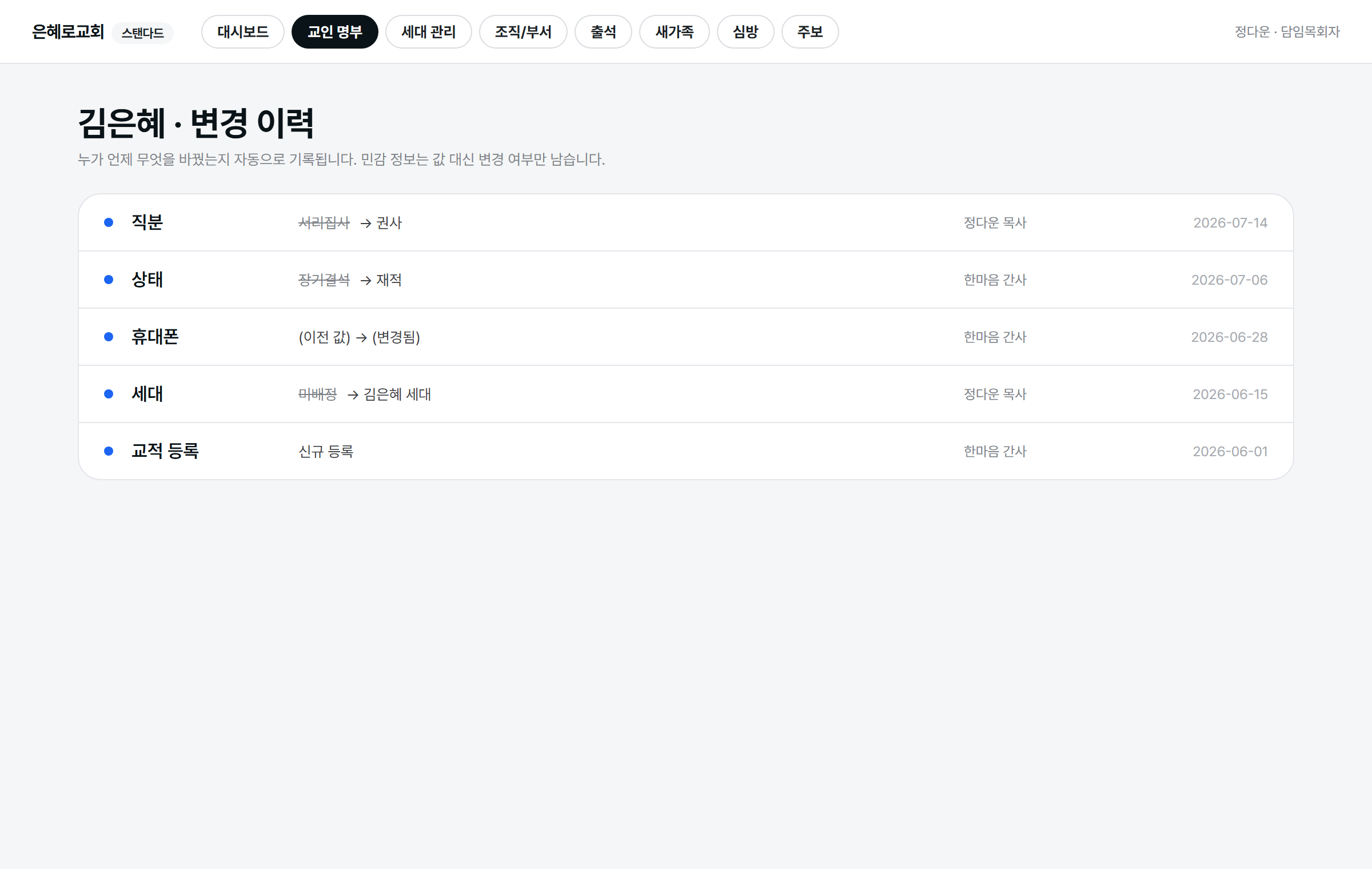 변경 이력 화면